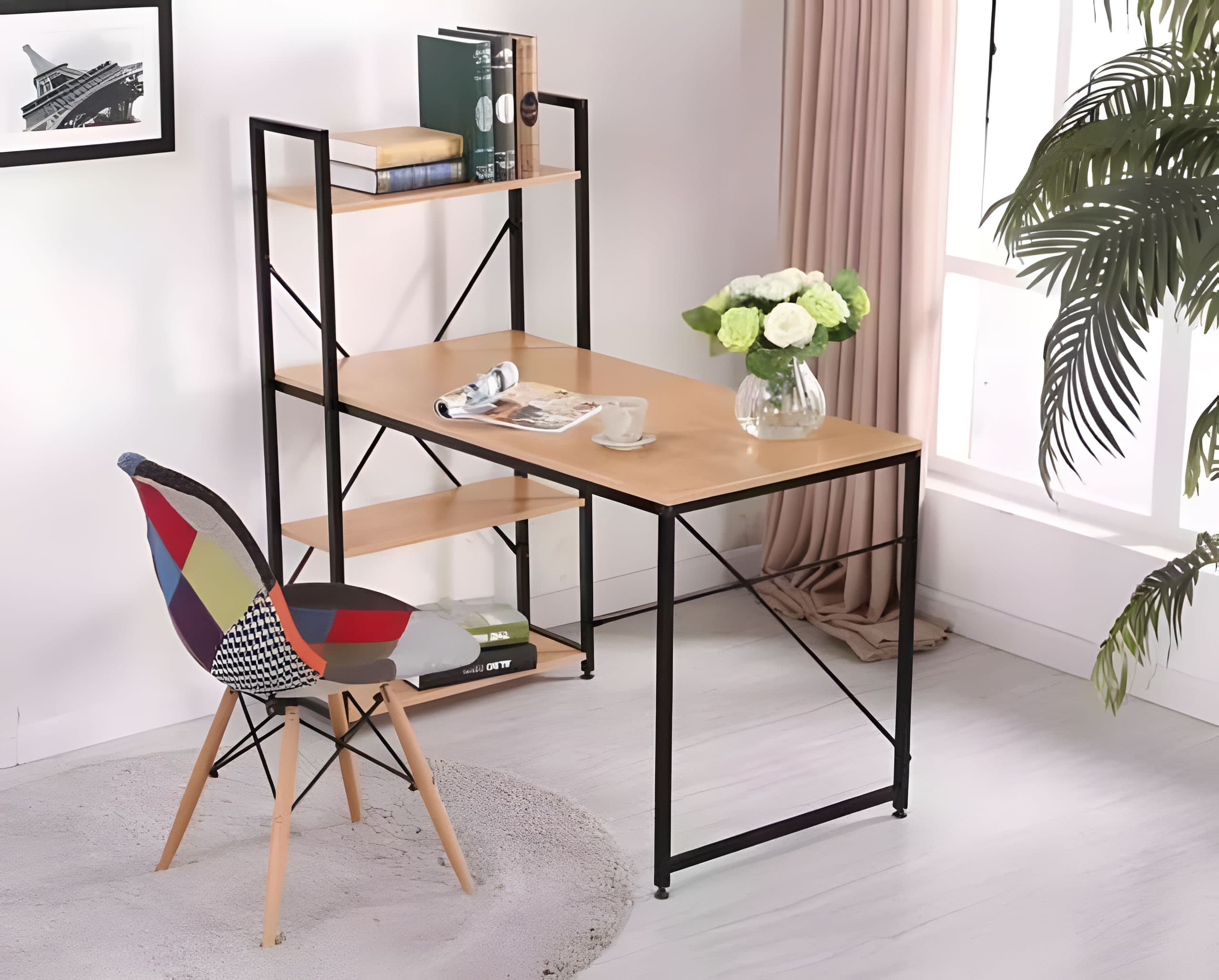 Biurko komputerowe drewniane regał z półkami loft