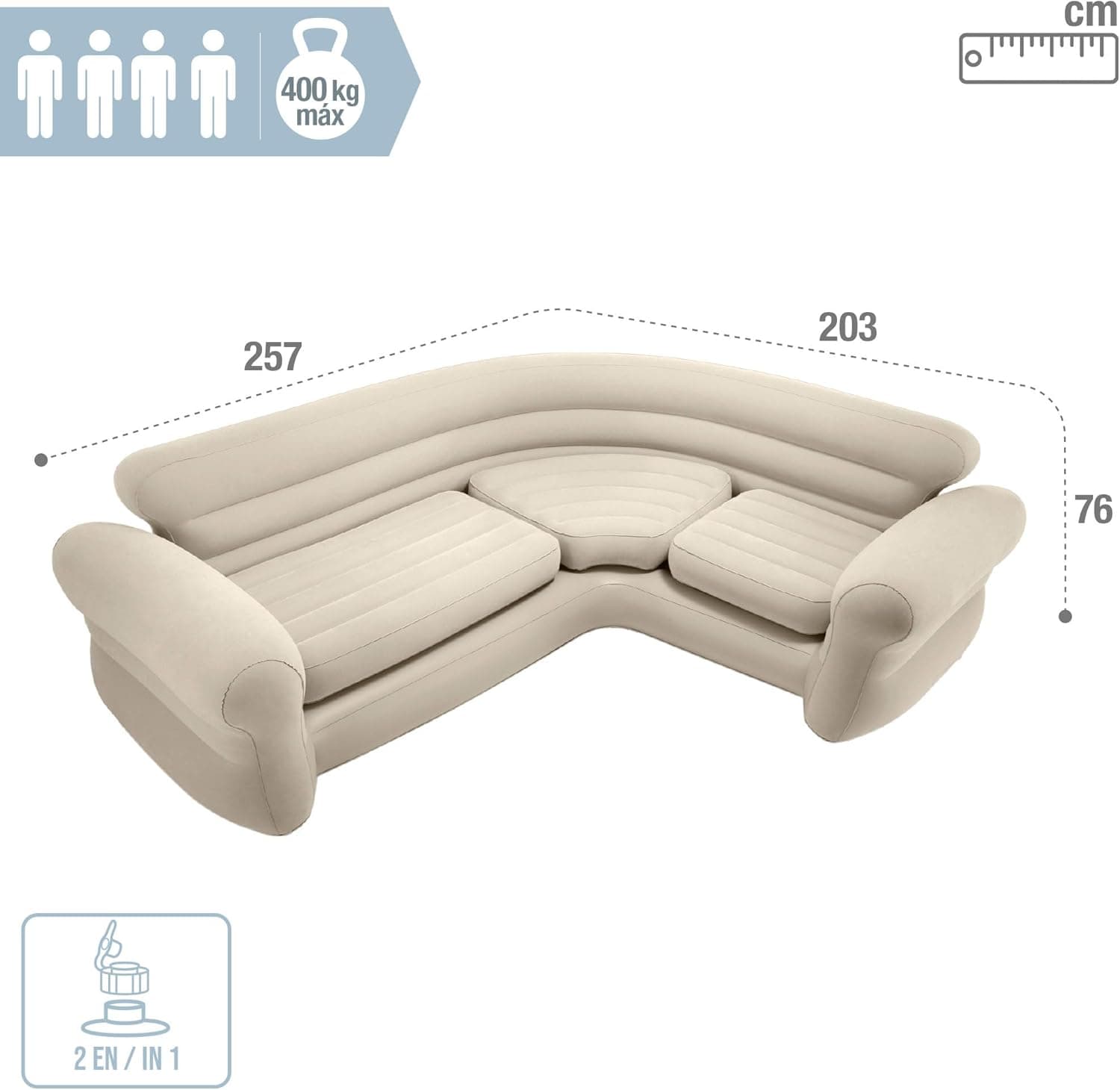Dmuchana kanapa narożna sofa czteroosobowa 257x203x76 cm beżowa INTEX 68575