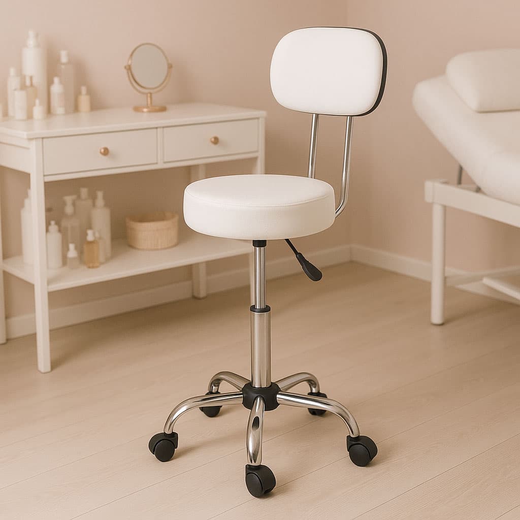 Stołek obrotowy z oparciem taboret kosmetyczny medyczny fotel regulowany biały ModernHome