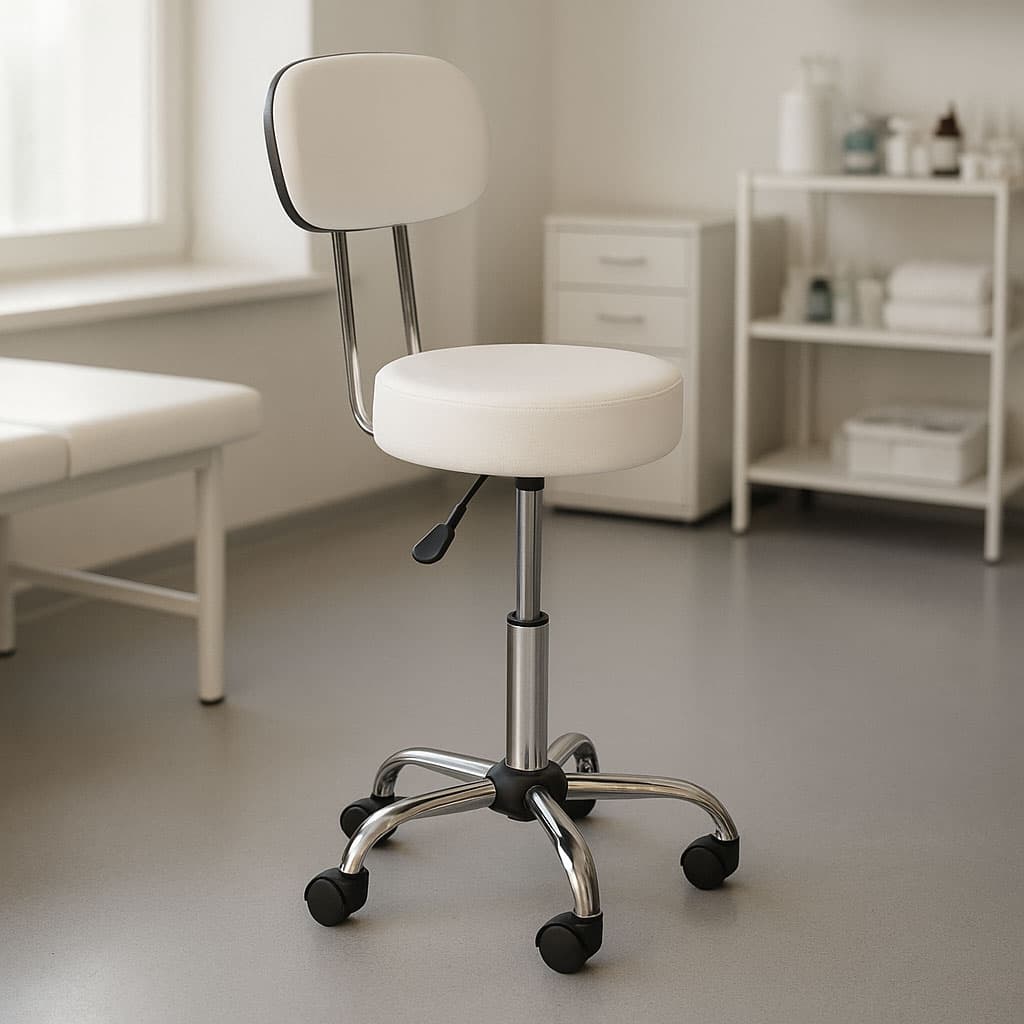 Stołek obrotowy z oparciem taboret kosmetyczny medyczny fotel regulowany biały ModernHome