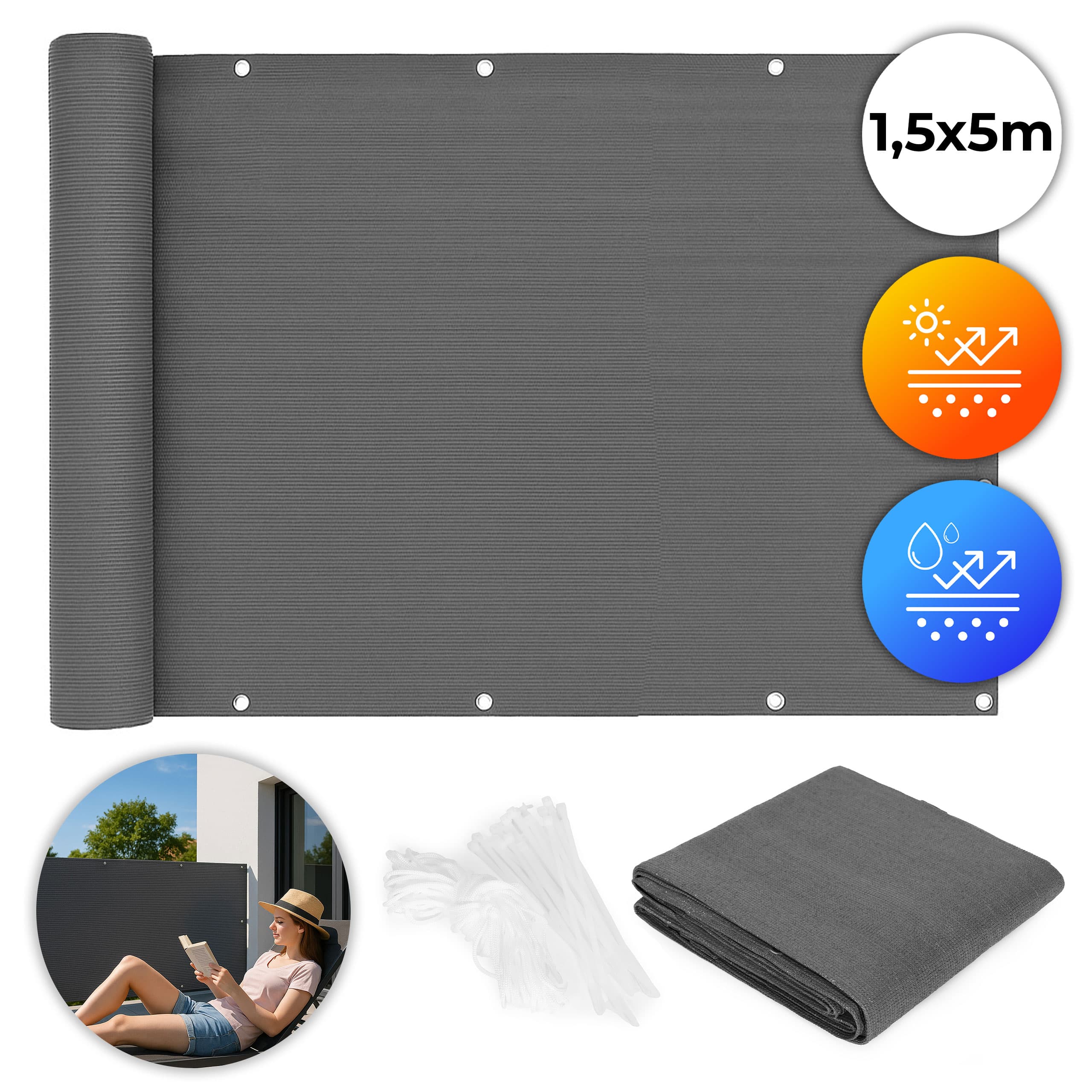 Osłona balkonowa z okuciami 150x500 cm siatka cieniująca + elementy instalacyjne szara MultiGarden