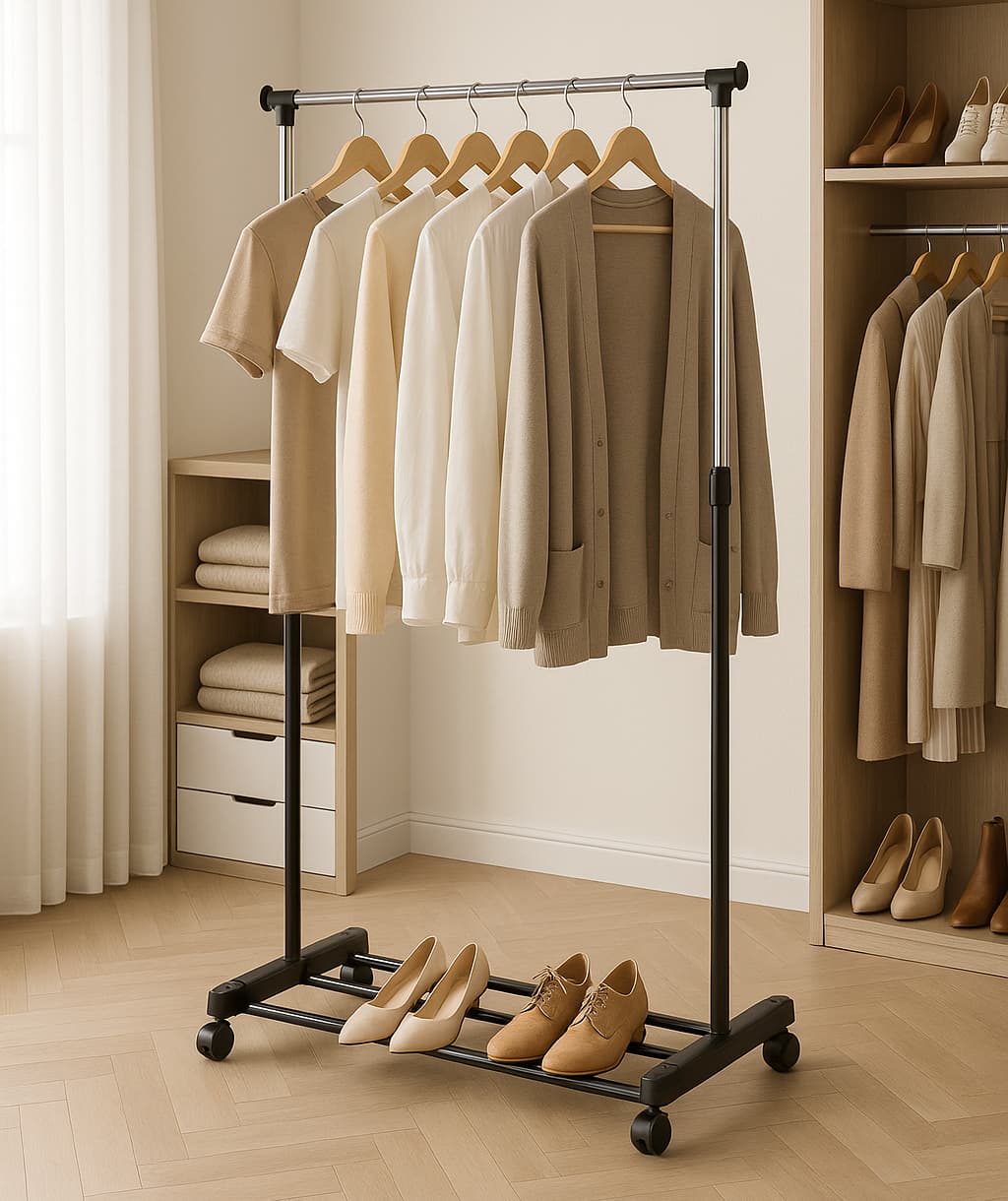 Uniwersalny wieszak stojący na ubrania z regulacją wysokości kółka ModernHome