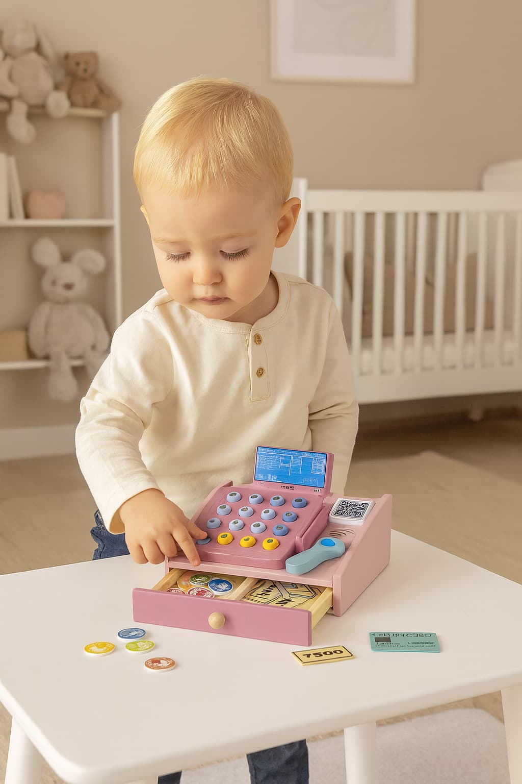 Drewniana kasa fiskalna dla dzieci skaner banknoty monety karta