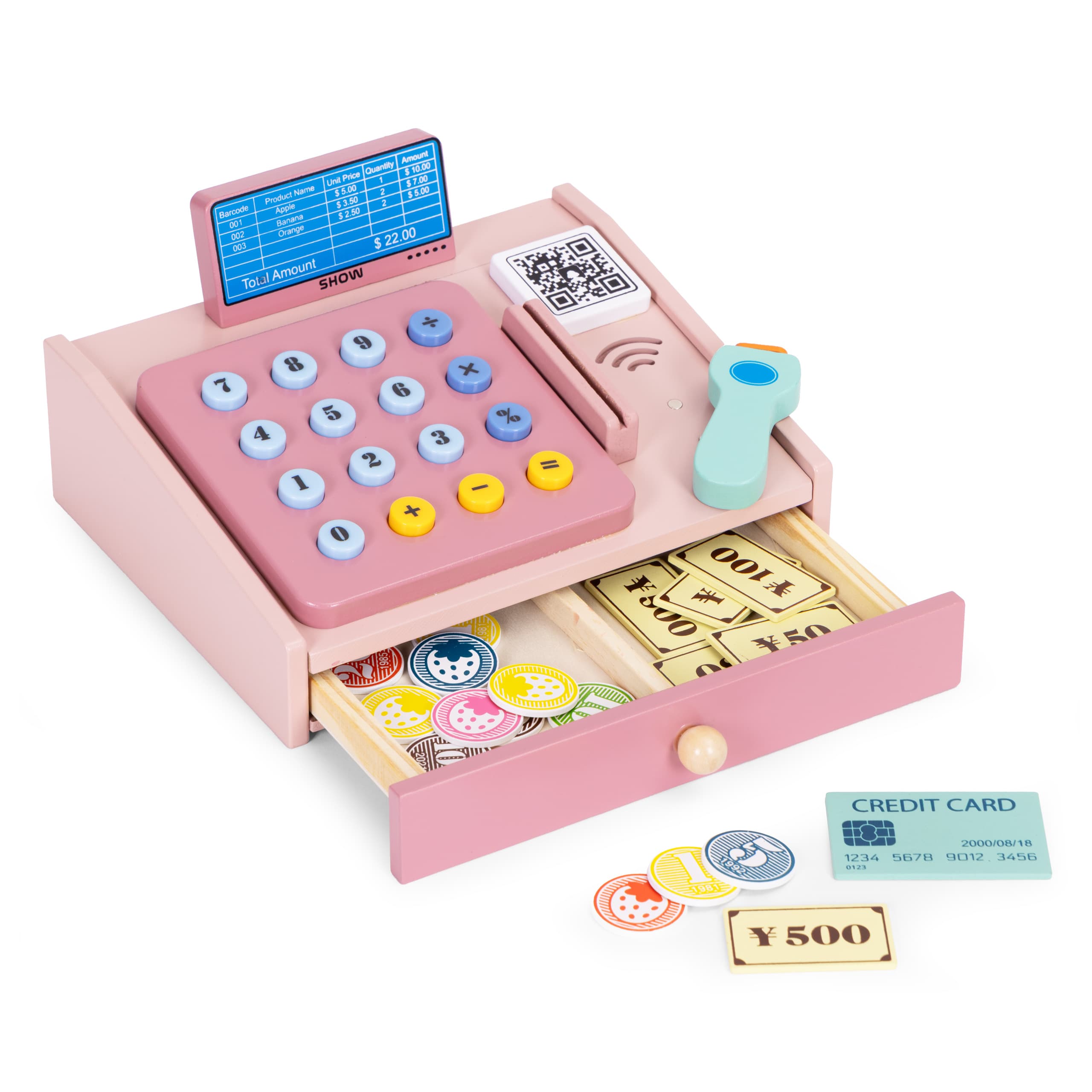 Drewniana kasa fiskalna dla dzieci skaner banknoty monety karta