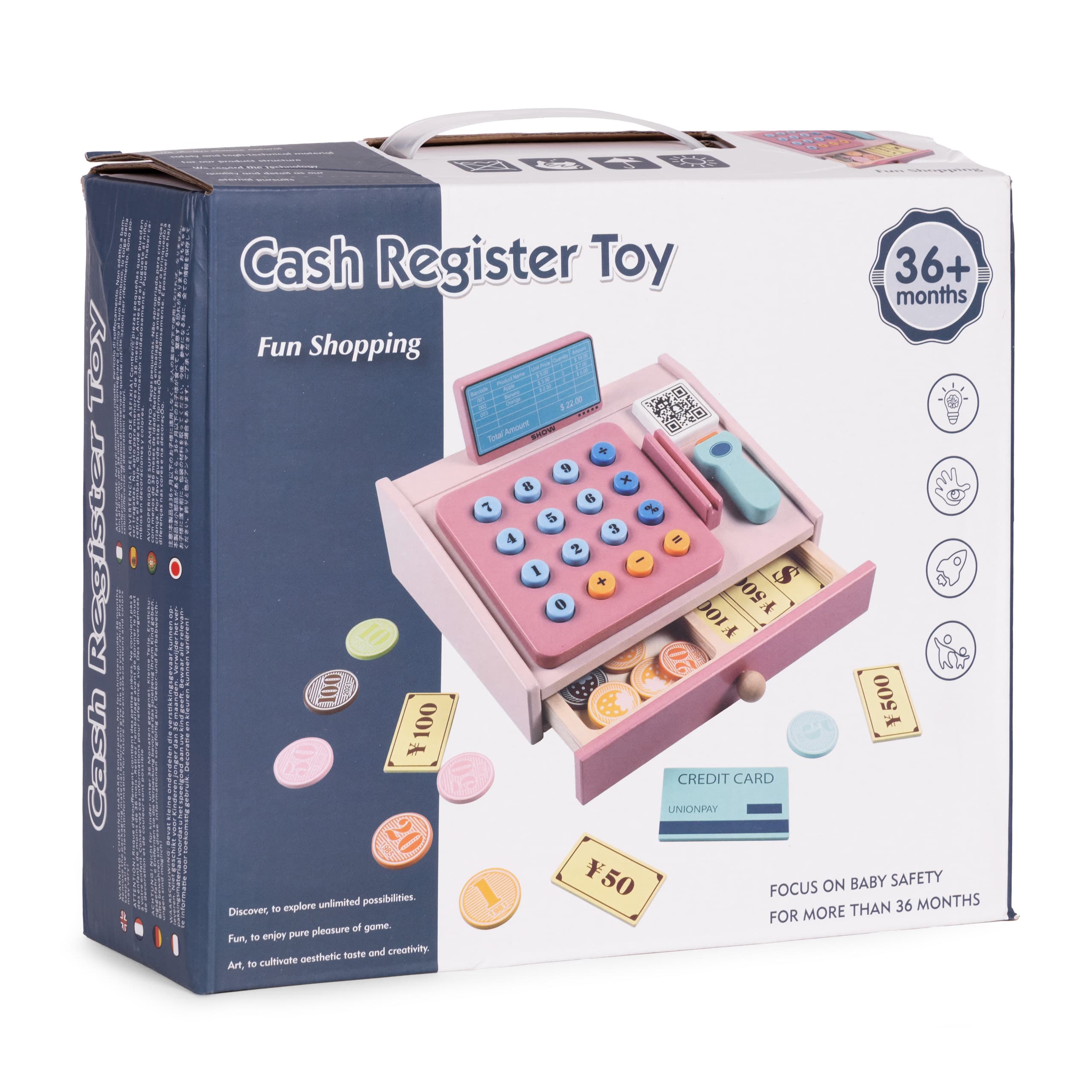 Drewniana kasa fiskalna dla dzieci skaner banknoty monety karta