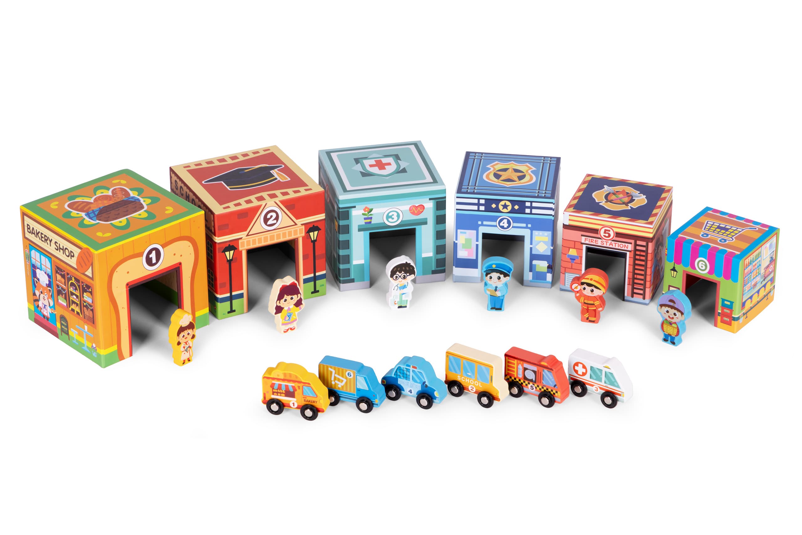 Wieża do układania piramida miasto sorter z figurkami i pojazdami 18 elementów