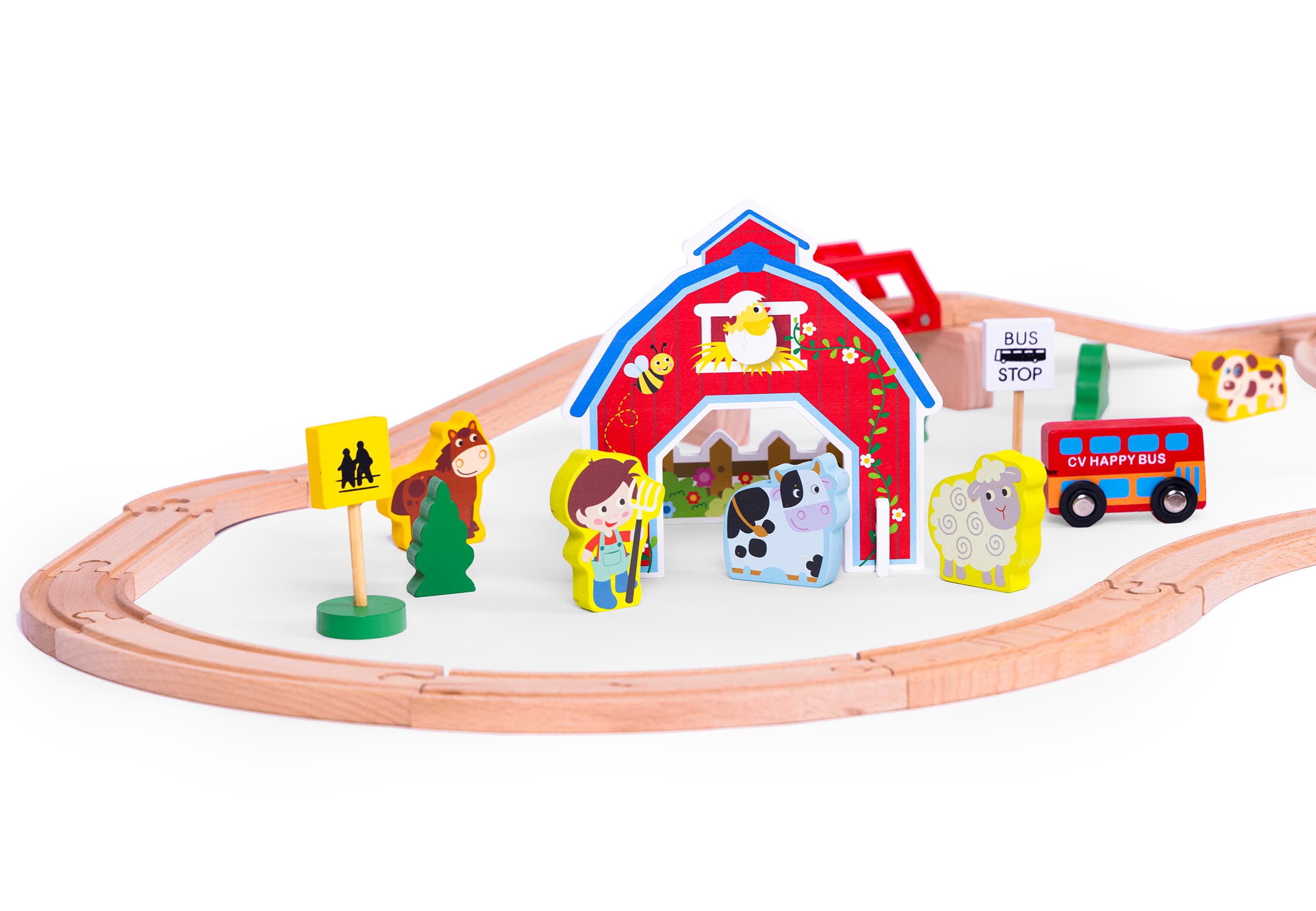 Drewniana kolejka tor pociąg na baterie Farma 53 elementy ECOTOYS