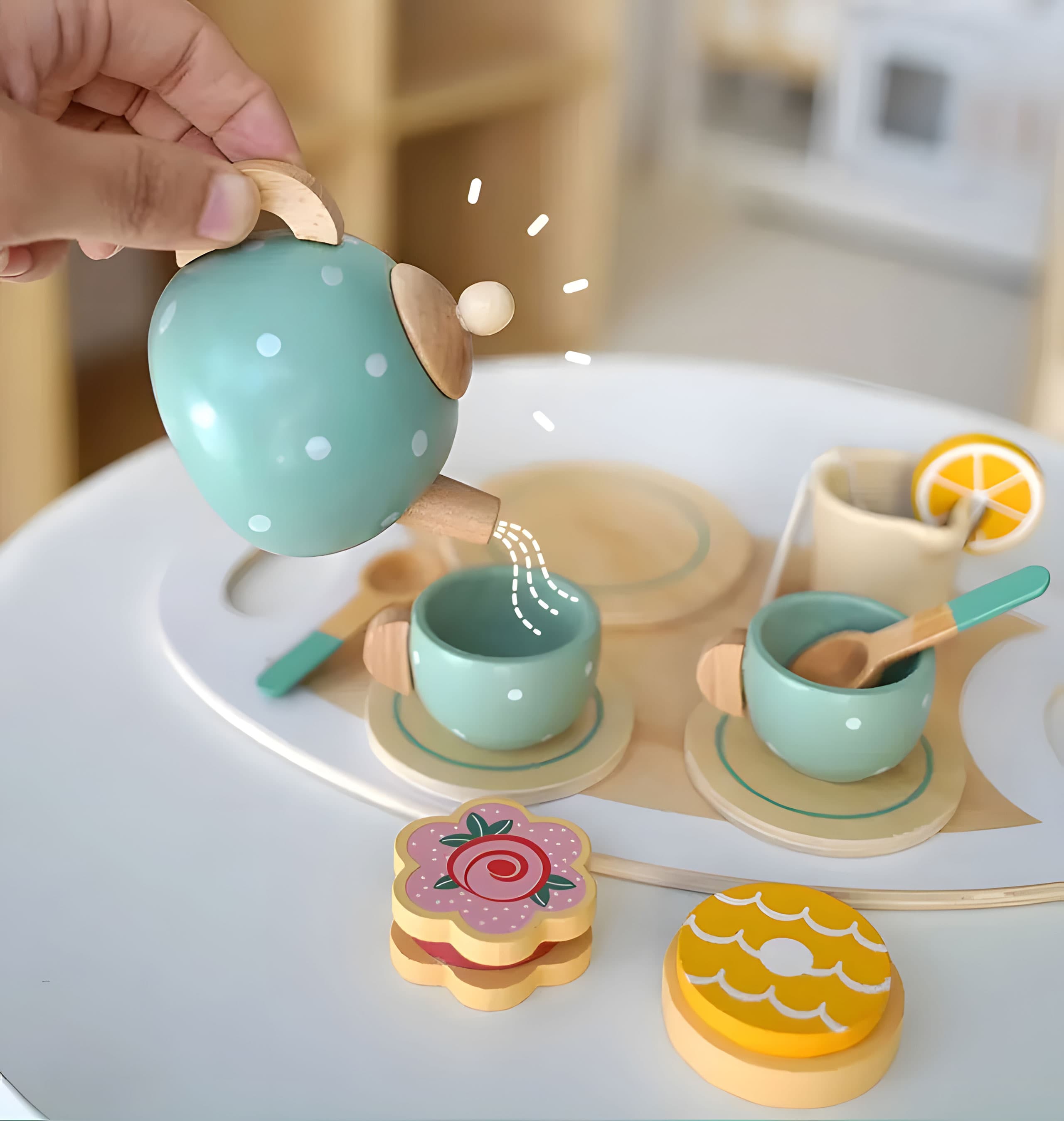 Serwis do herbaty kawy z ciastkami filiżanki dzbanek tacka patera ECOTOYS