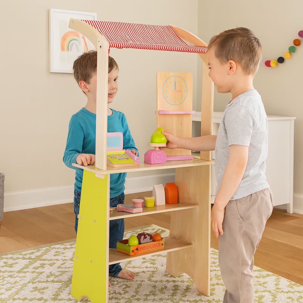 Duży drewniany stragan dla dzieci sklep z terminalem i wagą owoce warzywa 20 elementów ECOTOYS