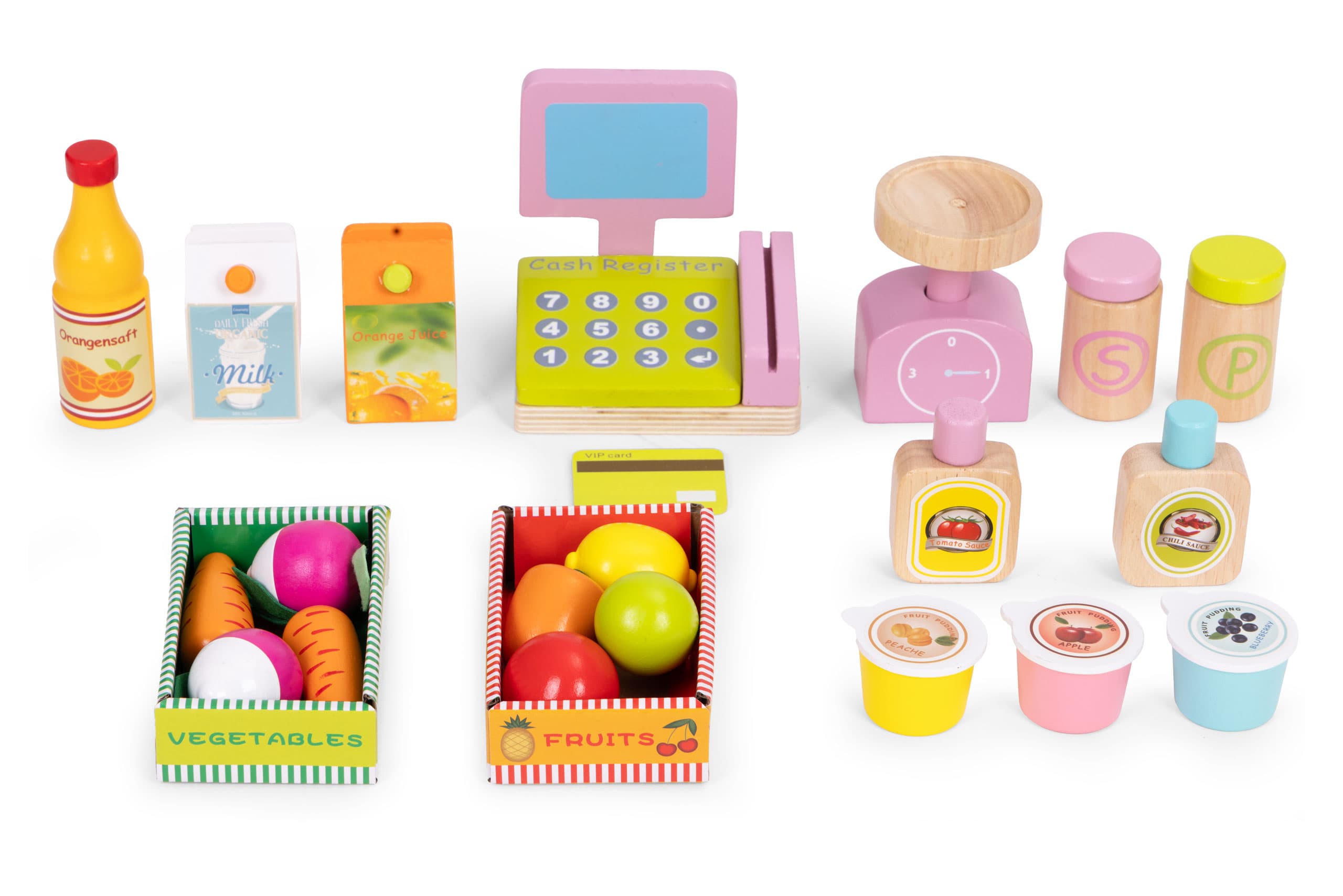 Duży drewniany stragan dla dzieci sklep z terminalem i wagą owoce warzywa 20 elementów ECOTOYS