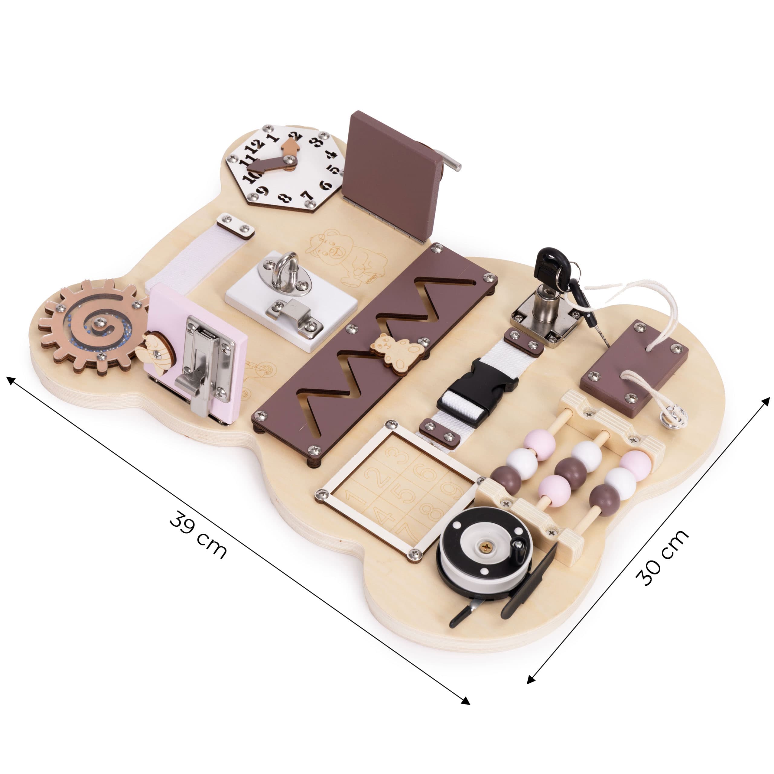 Drewniana tablica manipulacyjna sensoryczna dla dzieci panel edukacyjny miś 12 elementów ECOTOYS