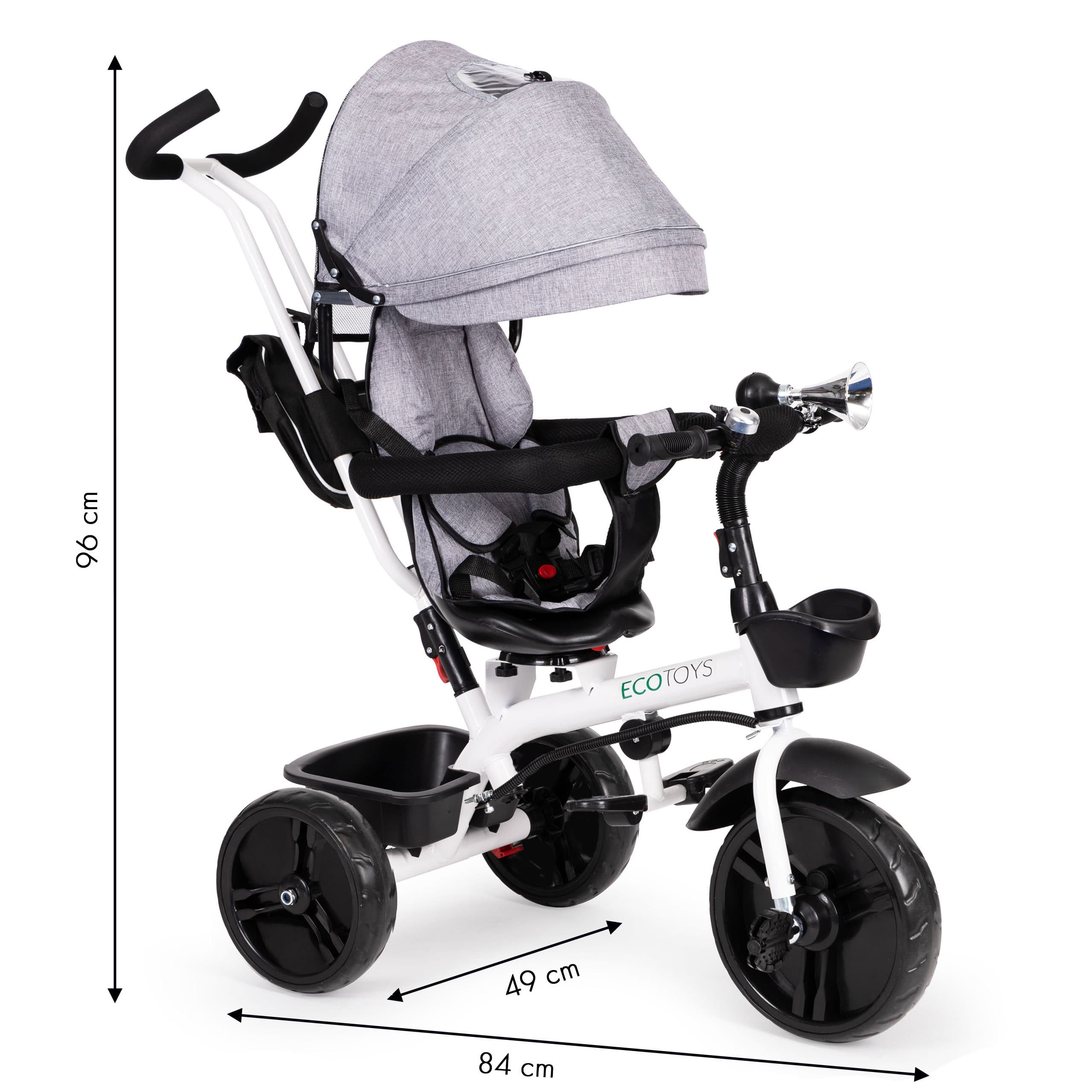 Rowerek trójkołowy obrotowy 360° Szary z daszkiem ECOTOYS
