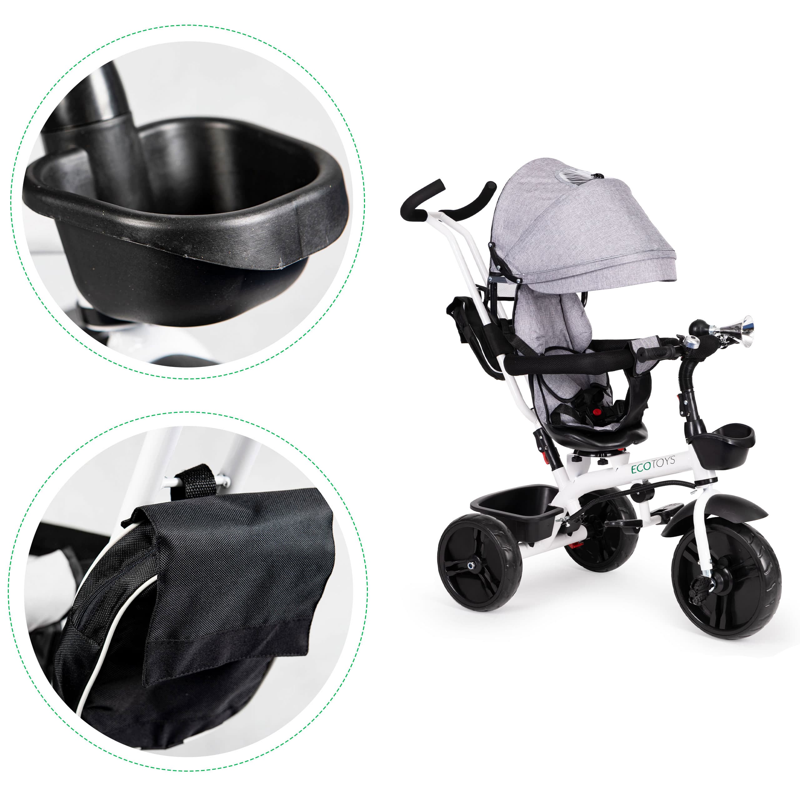Rowerek trójkołowy obrotowy 360° Szary z daszkiem ECOTOYS