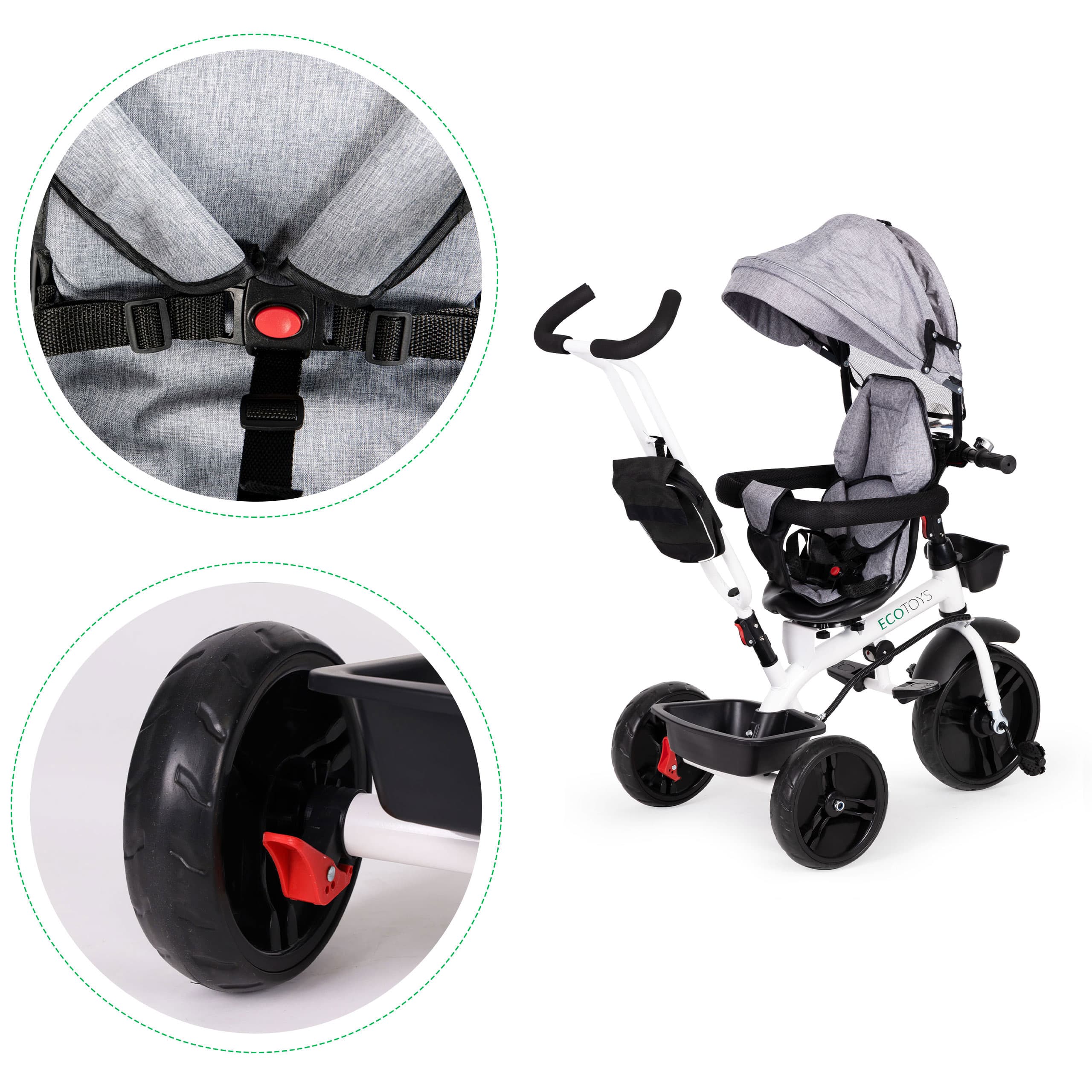 Rowerek trójkołowy obrotowy 360° Szary z daszkiem ECOTOYS