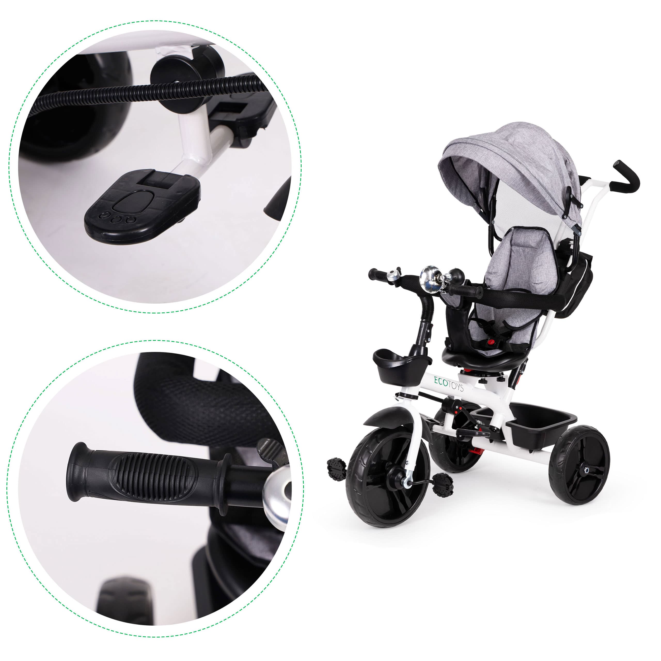 Rowerek trójkołowy obrotowy 360° Szary z daszkiem ECOTOYS