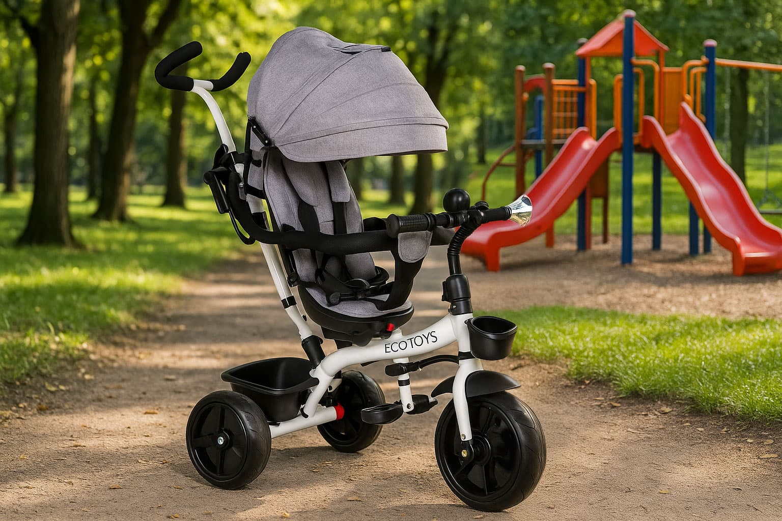 Rowerek trójkołowy obrotowy 360° Szary z daszkiem ECOTOYS