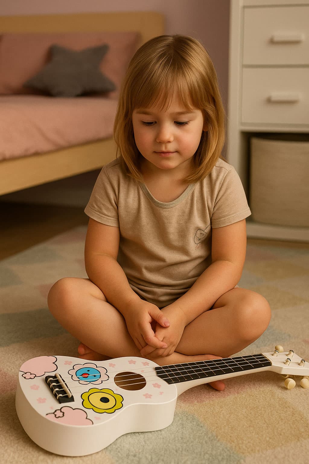 Gitara ukulele dla dzieci drewniana 4 struny nylonowe kostka do gry ECOTOYS