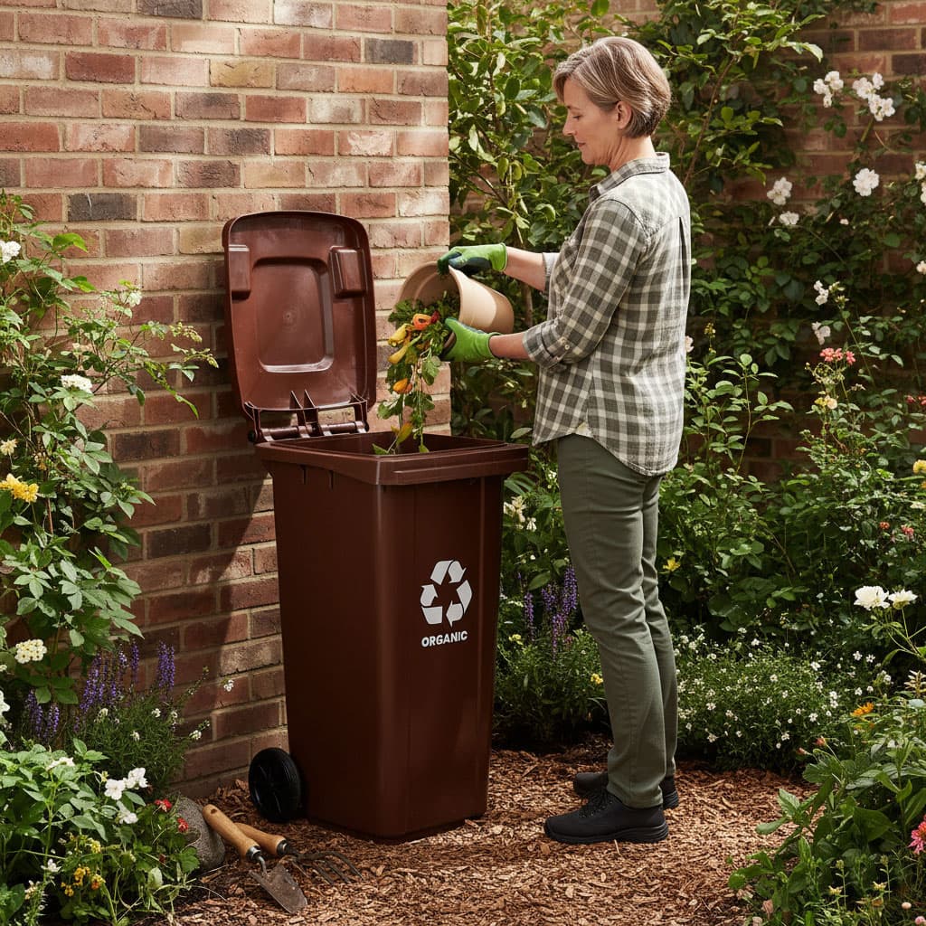 Kosz na śmieci pojemnik 120L kubeł śmietnik brązowy BIO gumowe koła