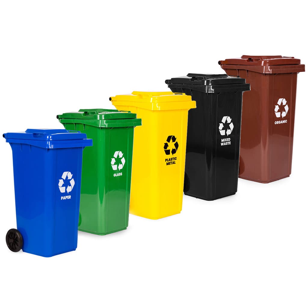 Zestaw 5 koszy na śmieci pojemniki 5x120L niebieski zielony żółty czarny brązowy makulatura szkło plastik odpady zmieszane BIO gumowe koła