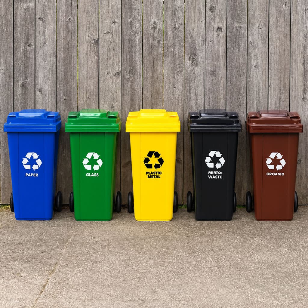 Zestaw 5 koszy na śmieci pojemniki 5x120L niebieski zielony żółty czarny brązowy makulatura szkło plastik odpady zmieszane BIO gumowe koła