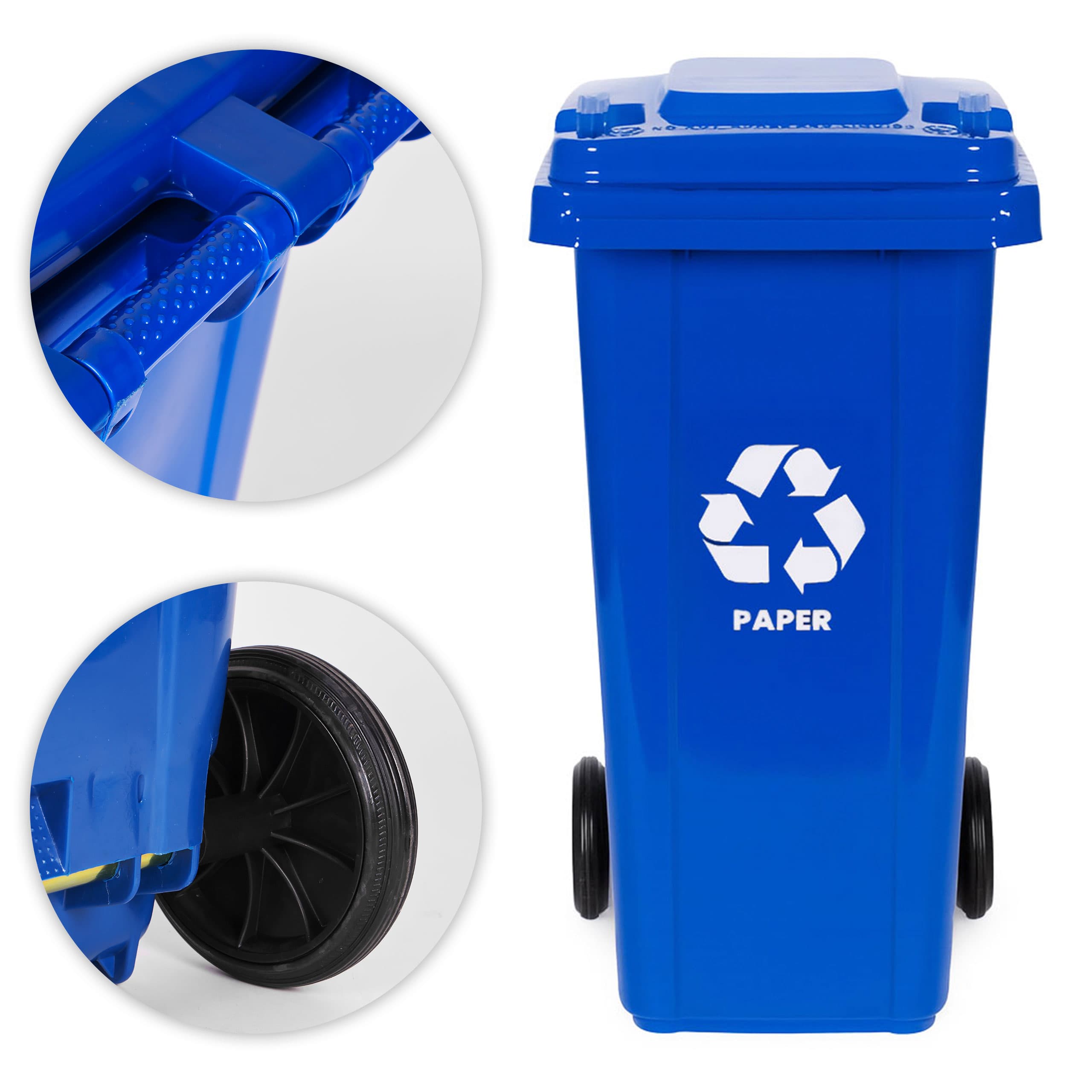 Zestaw 5 koszy na śmieci pojemniki 5x120L niebieski zielony żółty czarny brązowy makulatura szkło plastik odpady zmieszane BIO gumowe koła