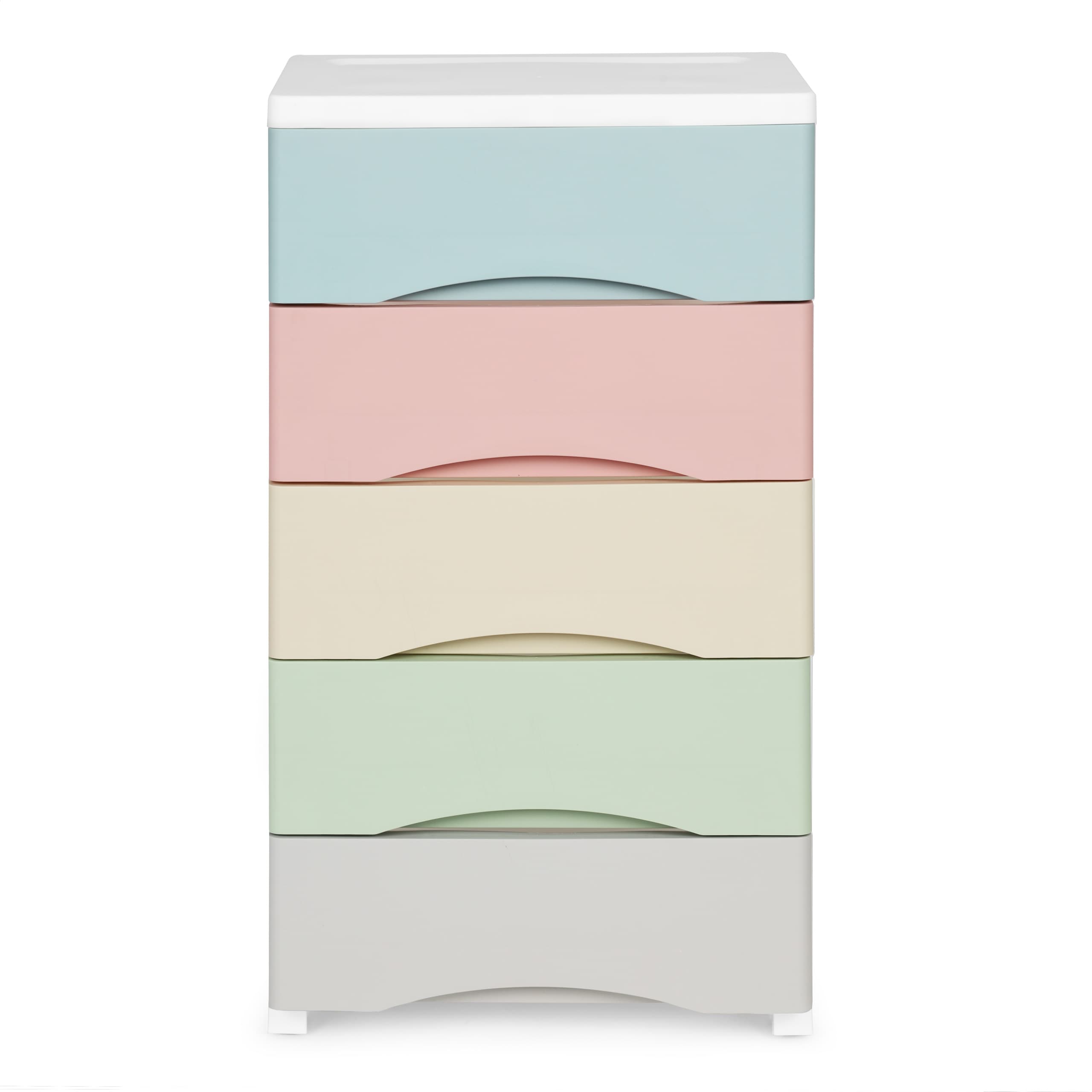 Regał z 5 wysuwanymi szufladami nogi z kółkami kolorowe szuflady ModernHome