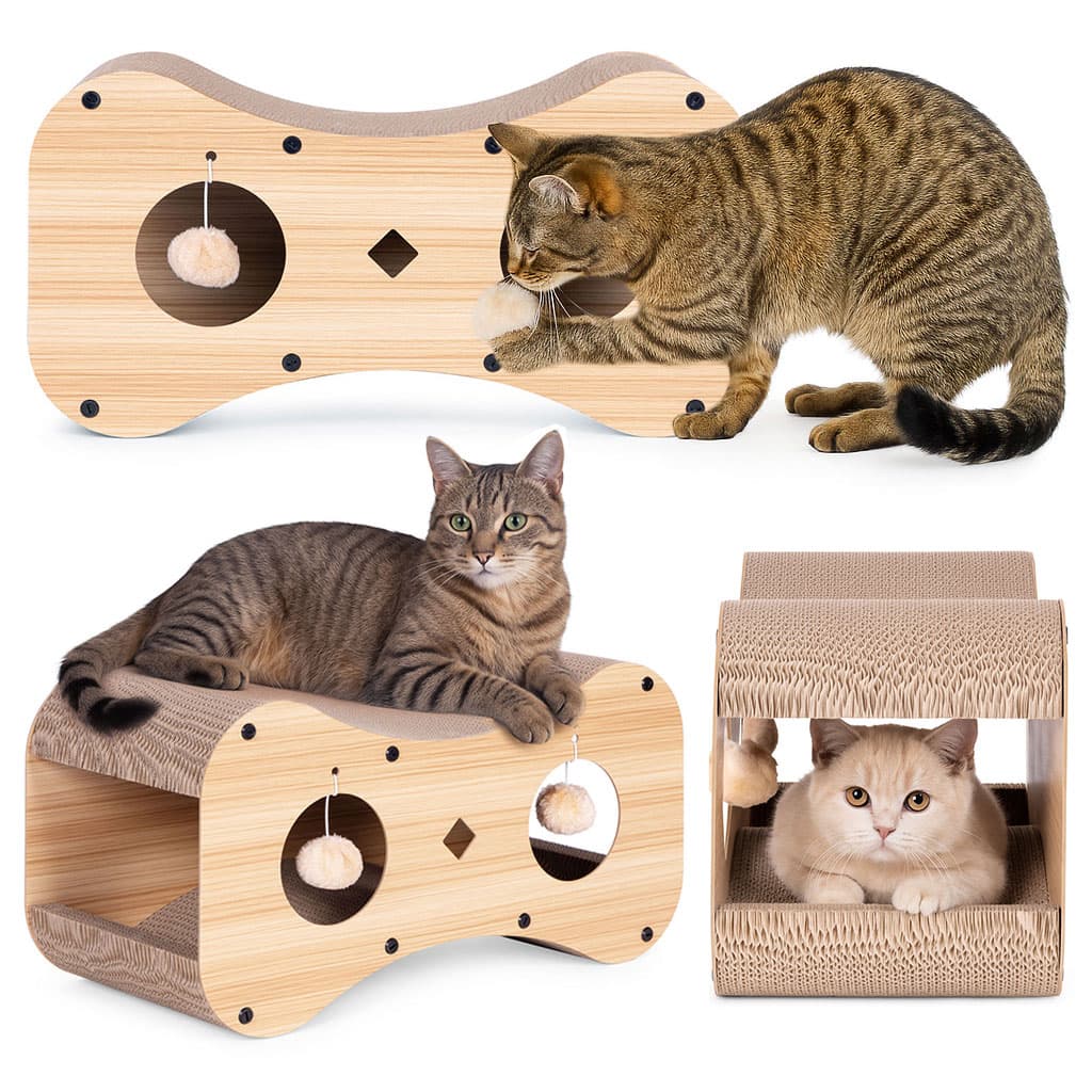 Drapak tekturowy dla kota budka domek kartonowy legowisko z wiszącymi pomponami Petsi