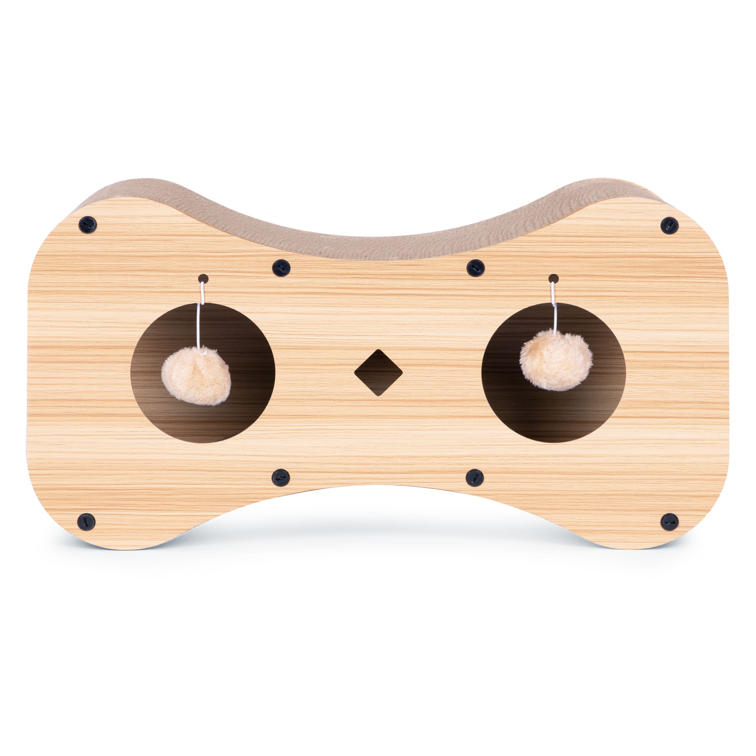 Drapak tekturowy dla kota budka domek kartonowy legowisko z wiszącymi pomponami Petsi