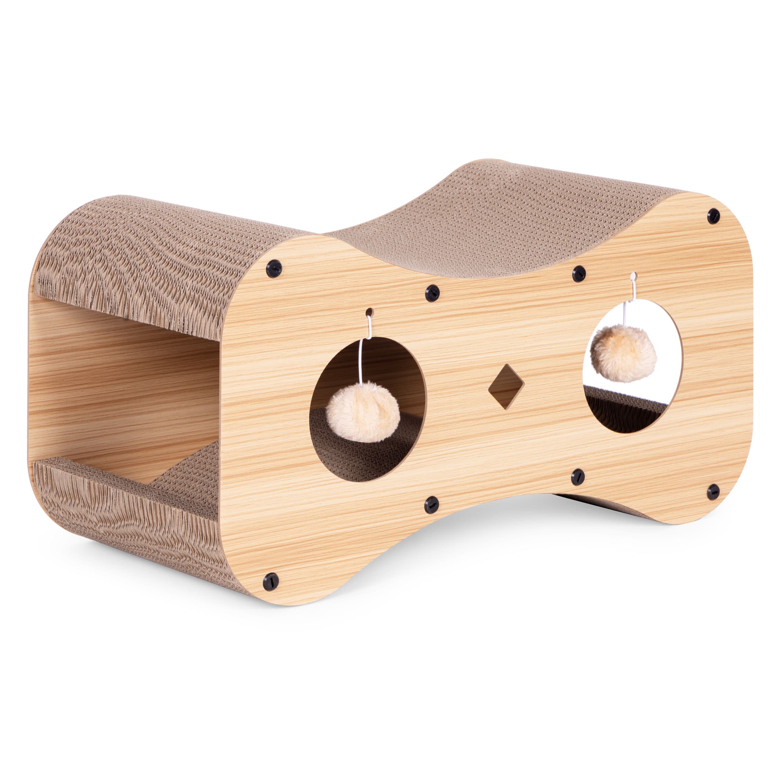 Drapak tekturowy dla kota budka domek kartonowy legowisko z wiszącymi pomponami Petsi