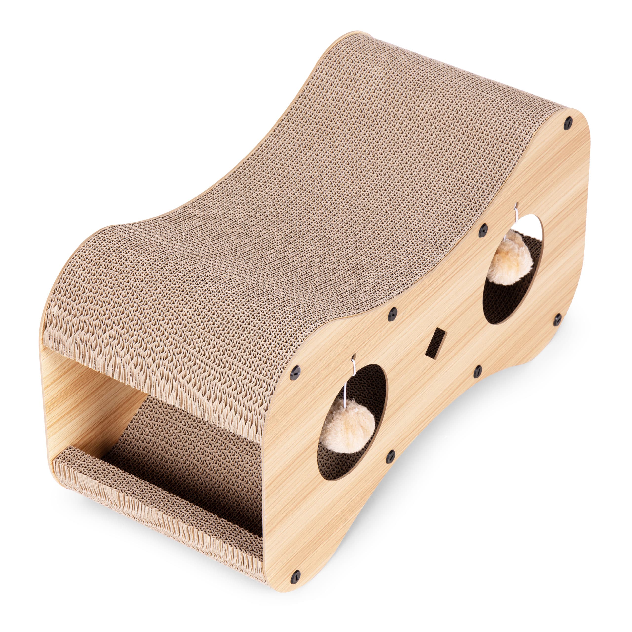 Drapak tekturowy dla kota budka domek kartonowy legowisko z wiszącymi pomponami Petsi