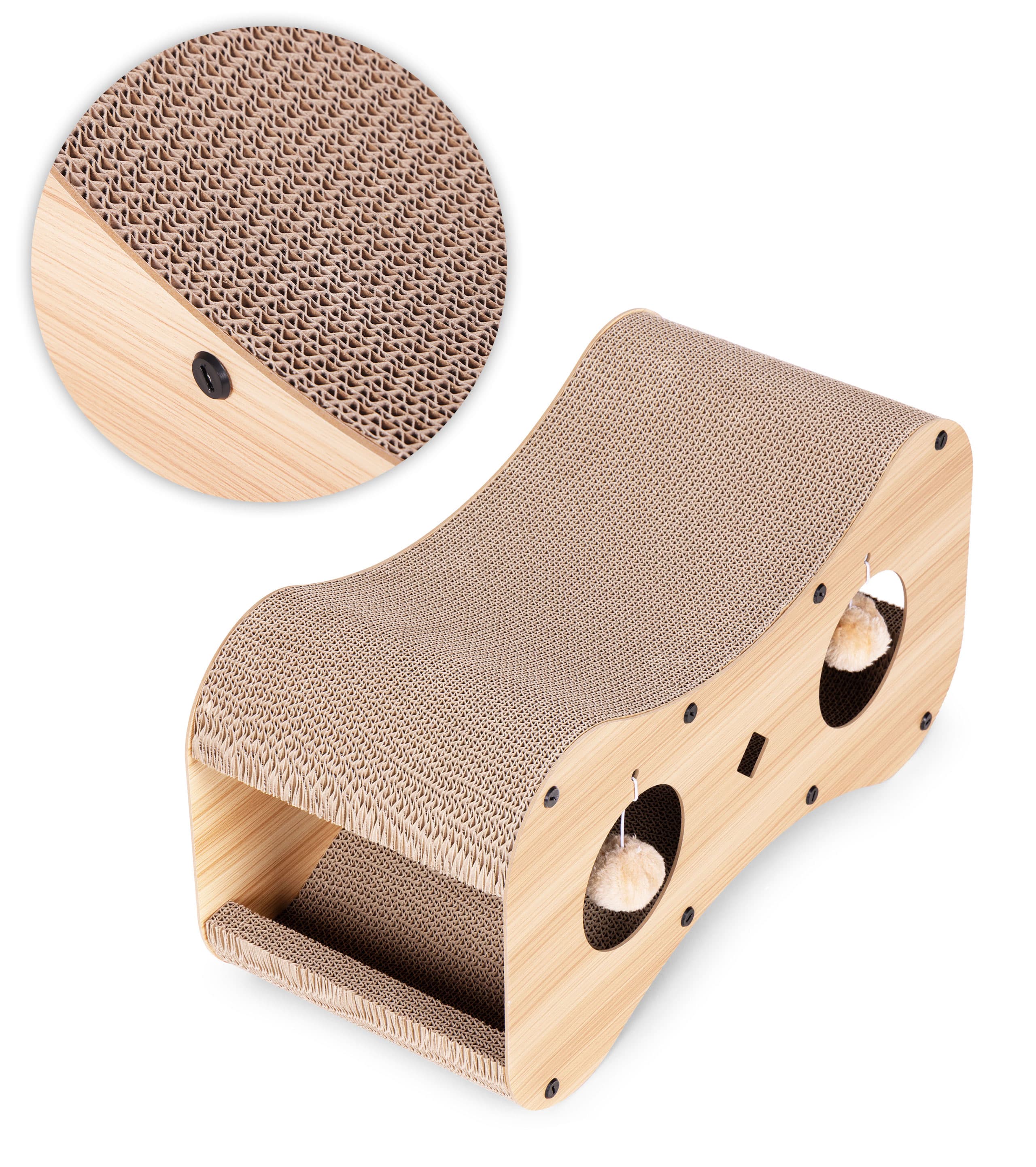 Drapak tekturowy dla kota budka domek kartonowy legowisko z wiszącymi pomponami Petsi