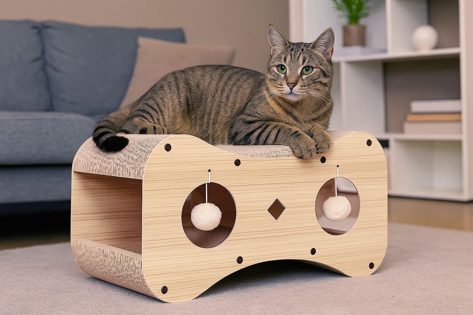 Drapak tekturowy dla kota budka domek kartonowy legowisko z wiszącymi pomponami Petsi