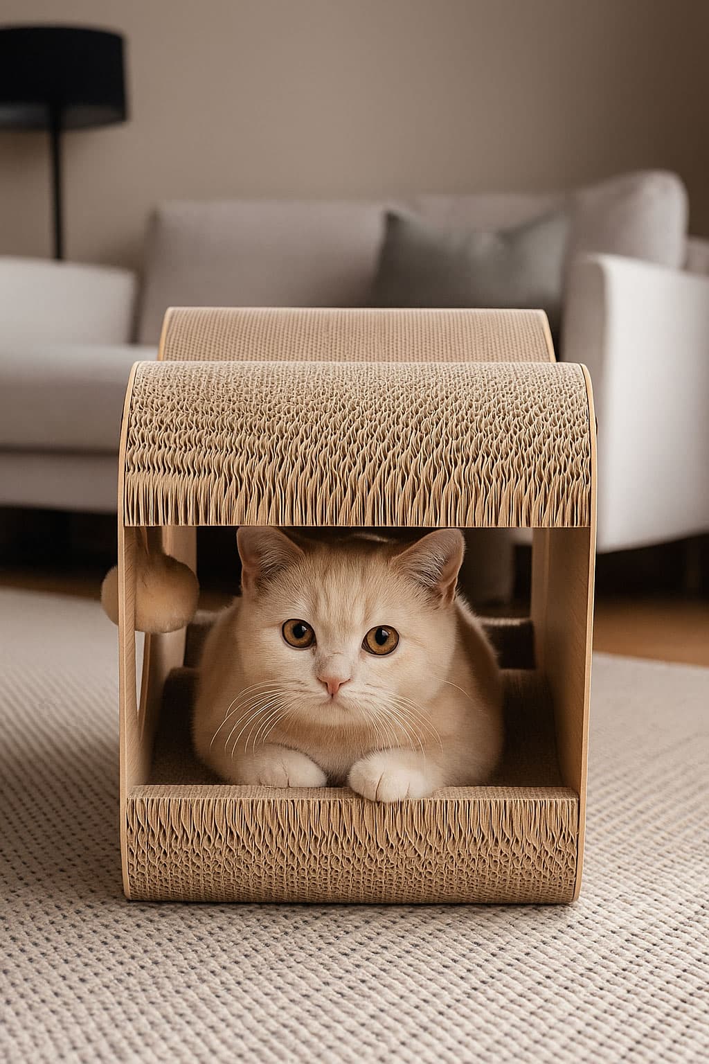 Drapak tekturowy dla kota budka domek kartonowy legowisko z wiszącymi pomponami Petsi