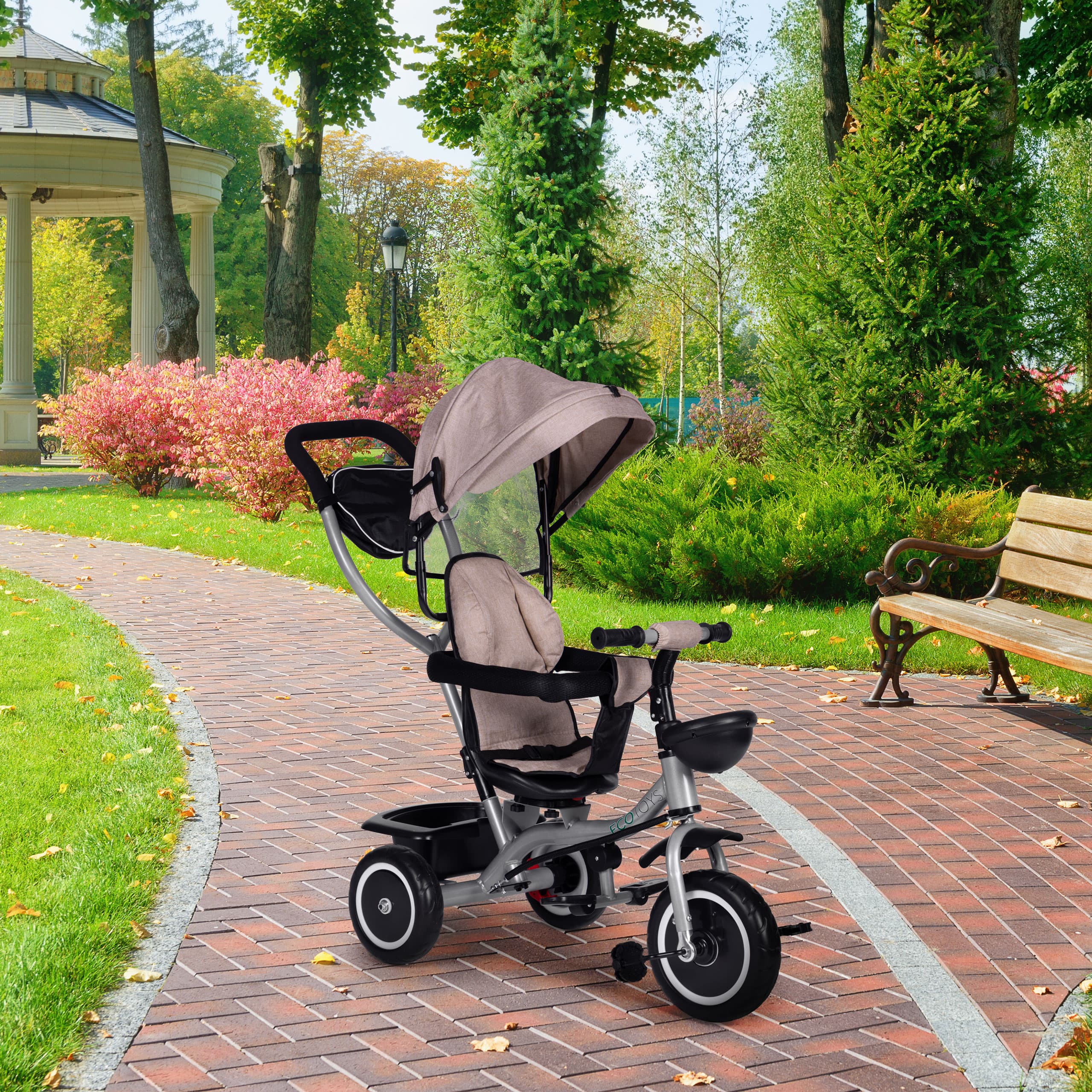 Trójkołowy rowerek spacerówka 2w1 obracane siedzisko składany daszek beżowy ECOTOYS
