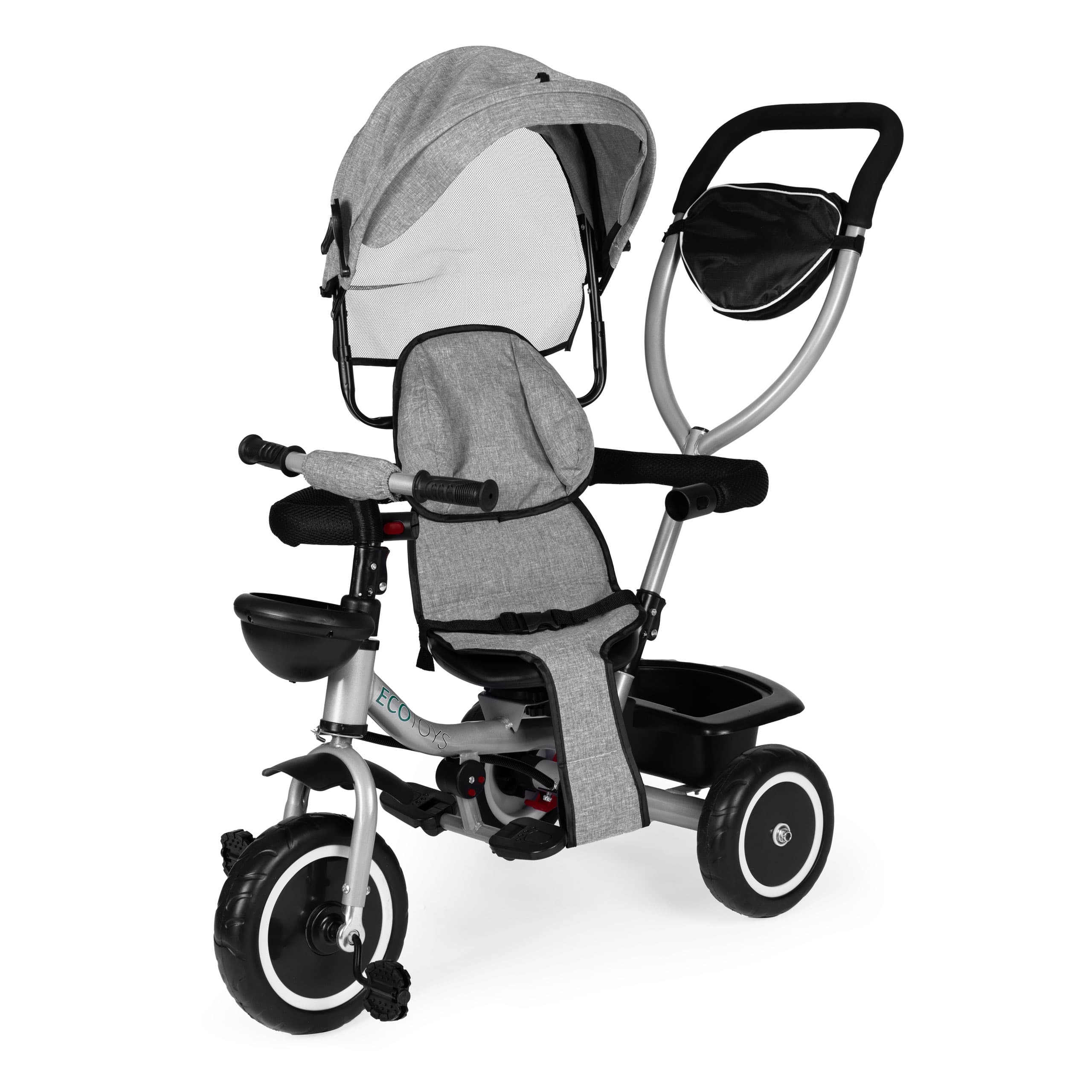 Trójkołowy rowerek spacerówka 2w1 obracane siedzisko składany daszek szary ECOTOYS