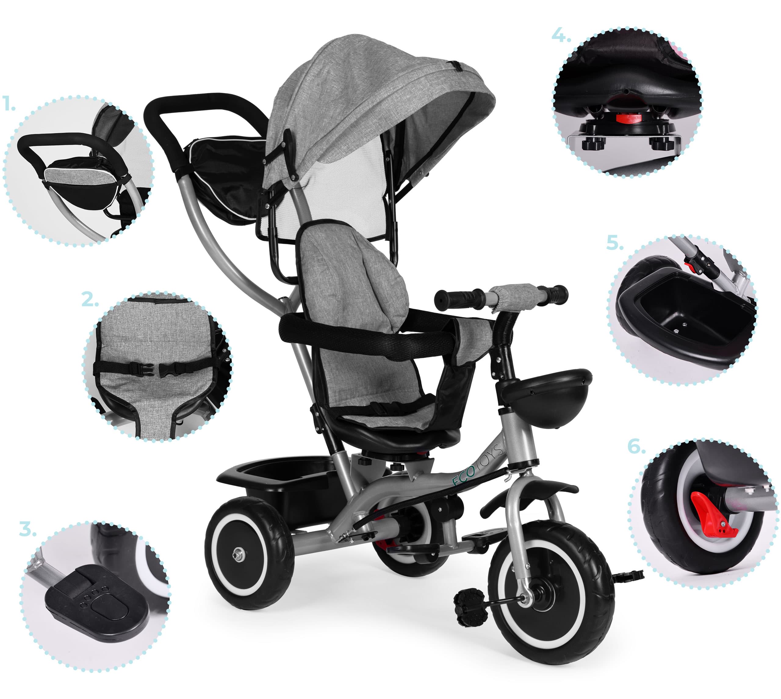 Trójkołowy rowerek spacerówka 2w1 obracane siedzisko składany daszek szary ECOTOYS