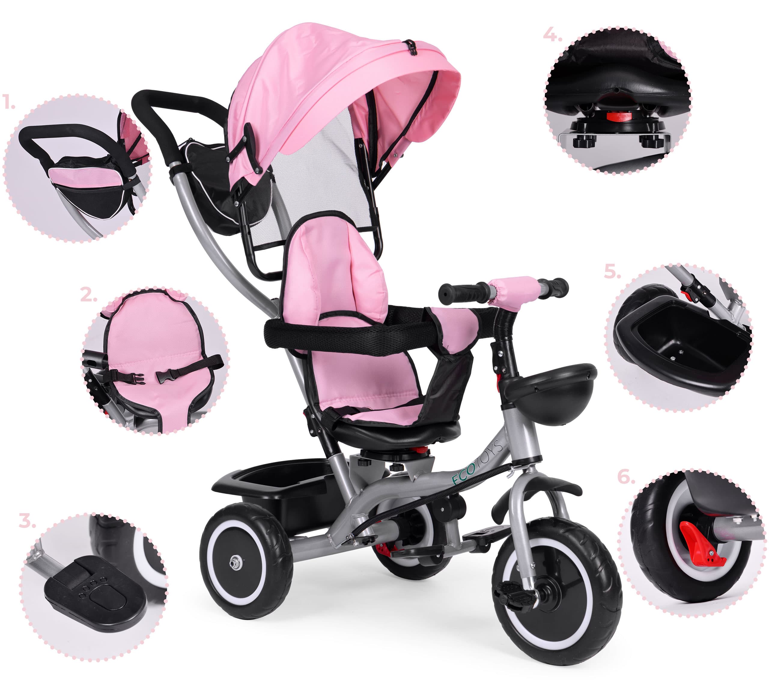 Rowerek trójkołowy spacerówka 2w1 obracane siedzisko składany daszek różowy ECOTOYS