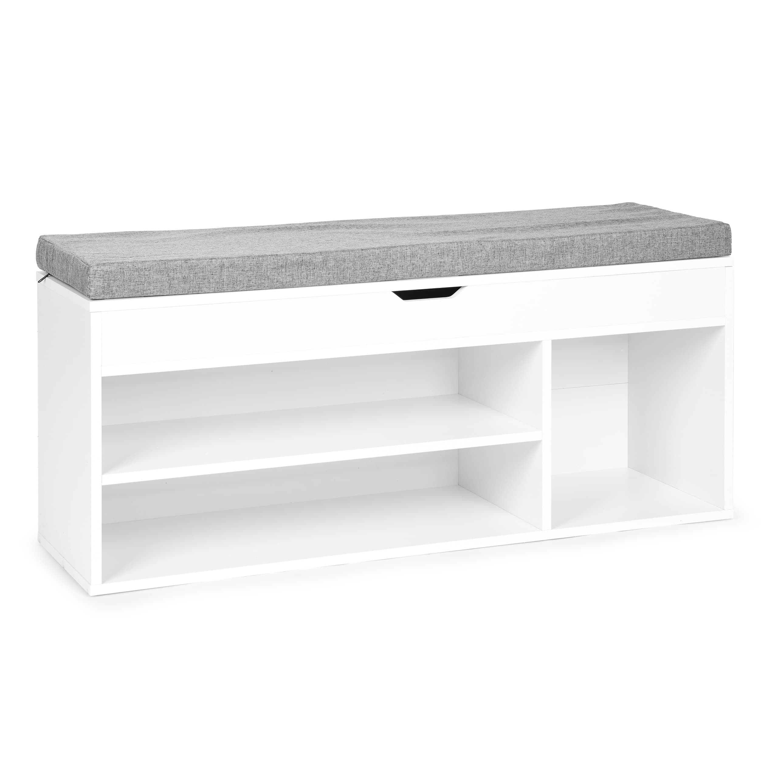 Szafka na buty z szarą poduszką i otwieranym siedziskiem 3 półki biała ModernHome