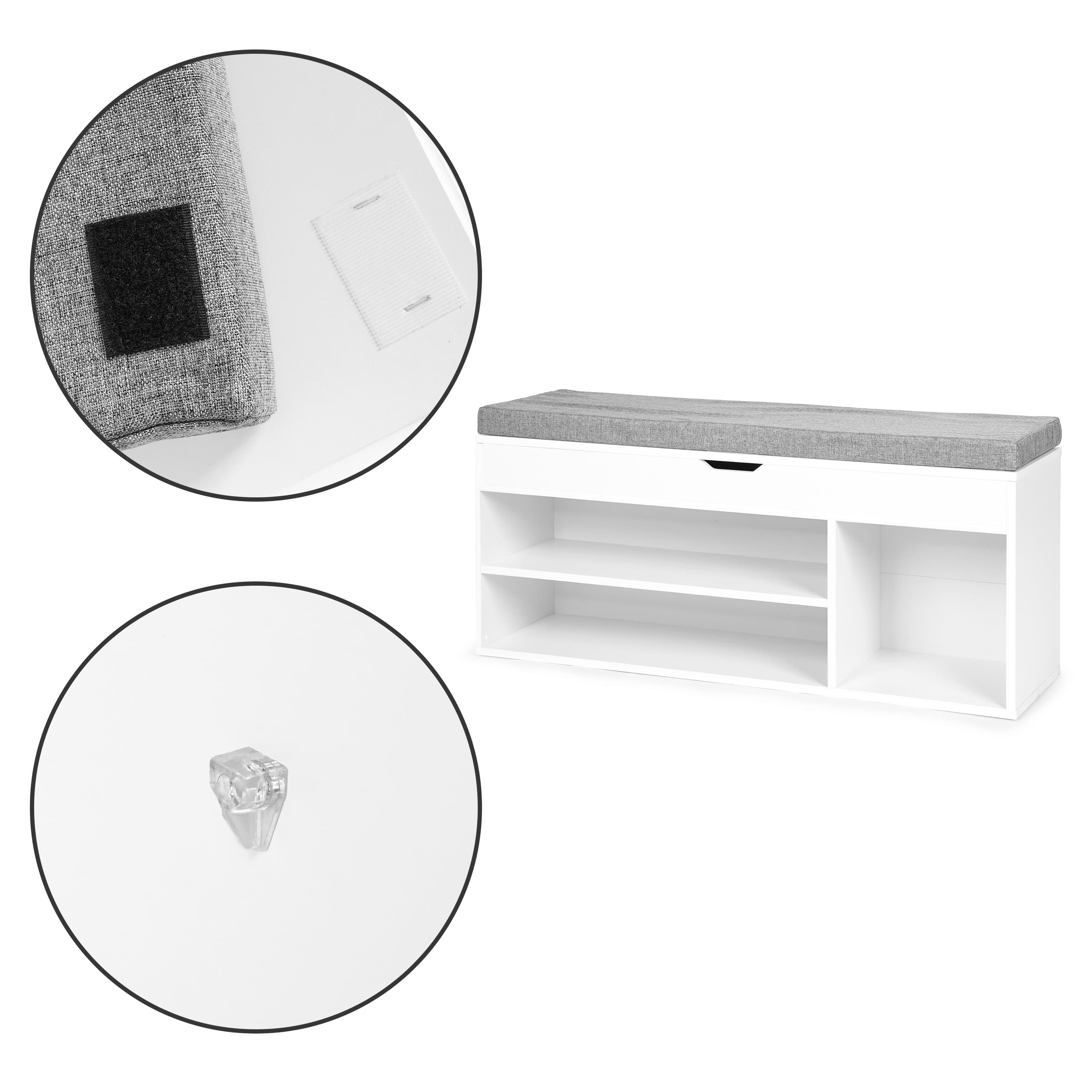 Szafka na buty z szarą poduszką i otwieranym siedziskiem 3 półki biała ModernHome