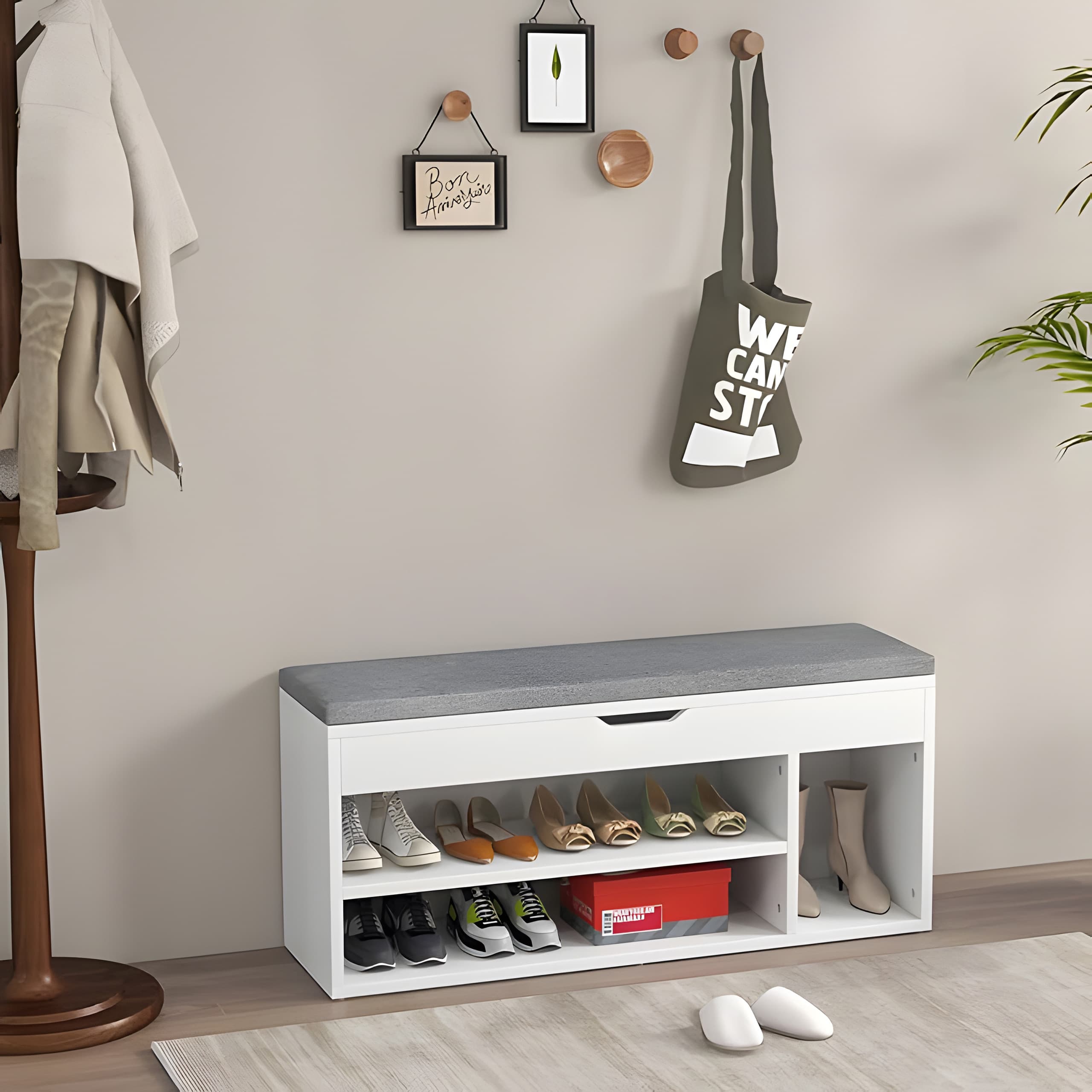 Szafka na buty z szarą poduszką i otwieranym siedziskiem 3 półki biała ModernHome