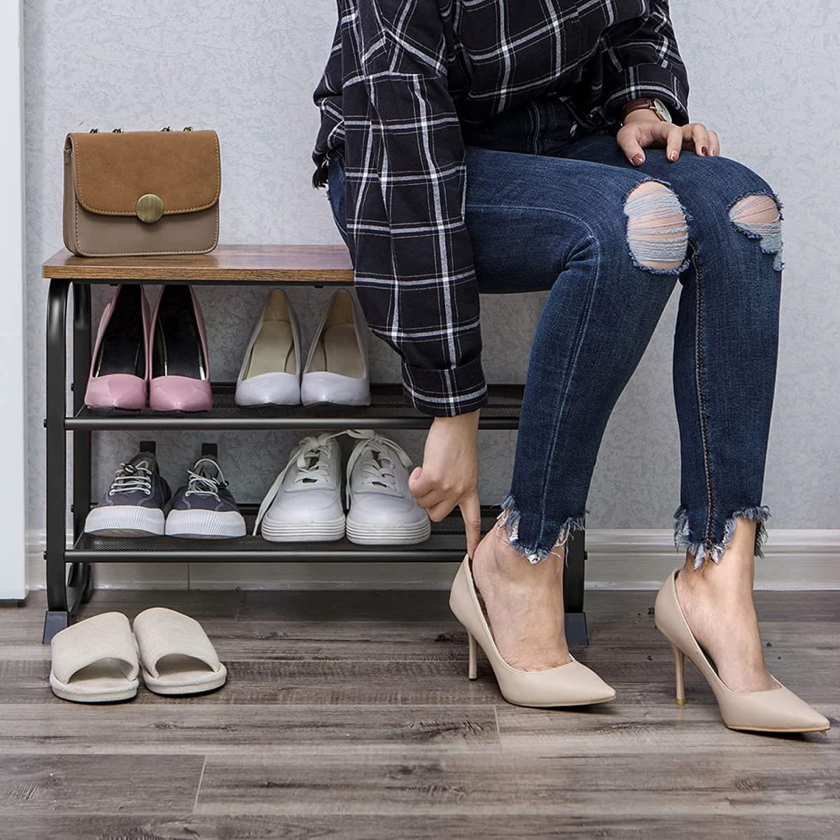 Regał na buty z siedziskiem loftowy 2 półki