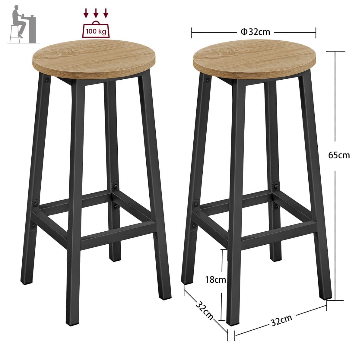 Stołek barowy okrągły 2 sztuki 65 cm hoker kuchenny wysokie krzesło z podnóżkiem