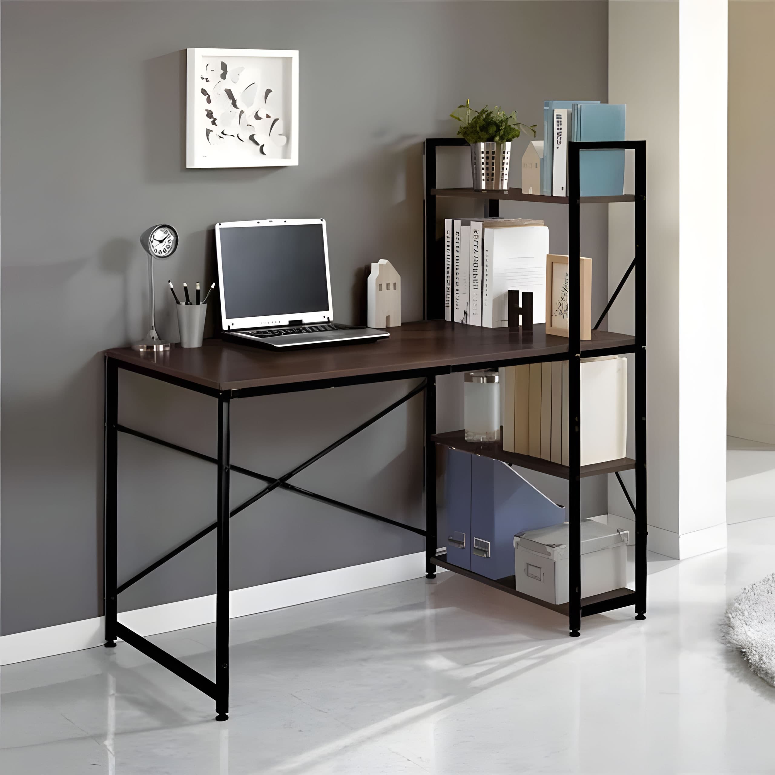 Biurko komputerowe drewniane regał z półkami loft